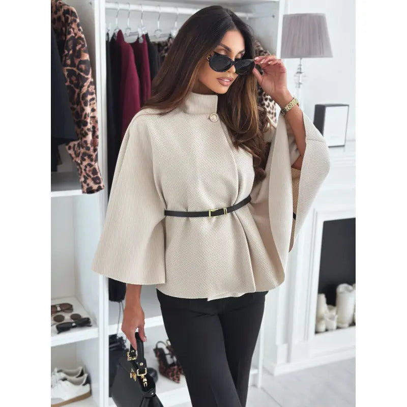 Fashionable Elegant Woolen Cape Coat for Women with Belted Waist, Solid Color, Winter Style eprolo