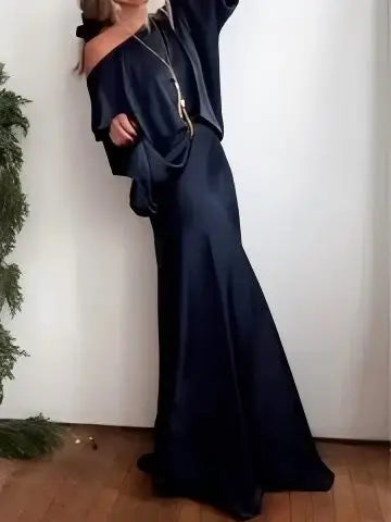 Fashionable Two-Piece Set for Women, Sexy Solid Color Satin Top with Long Elegant Dress eprolo
