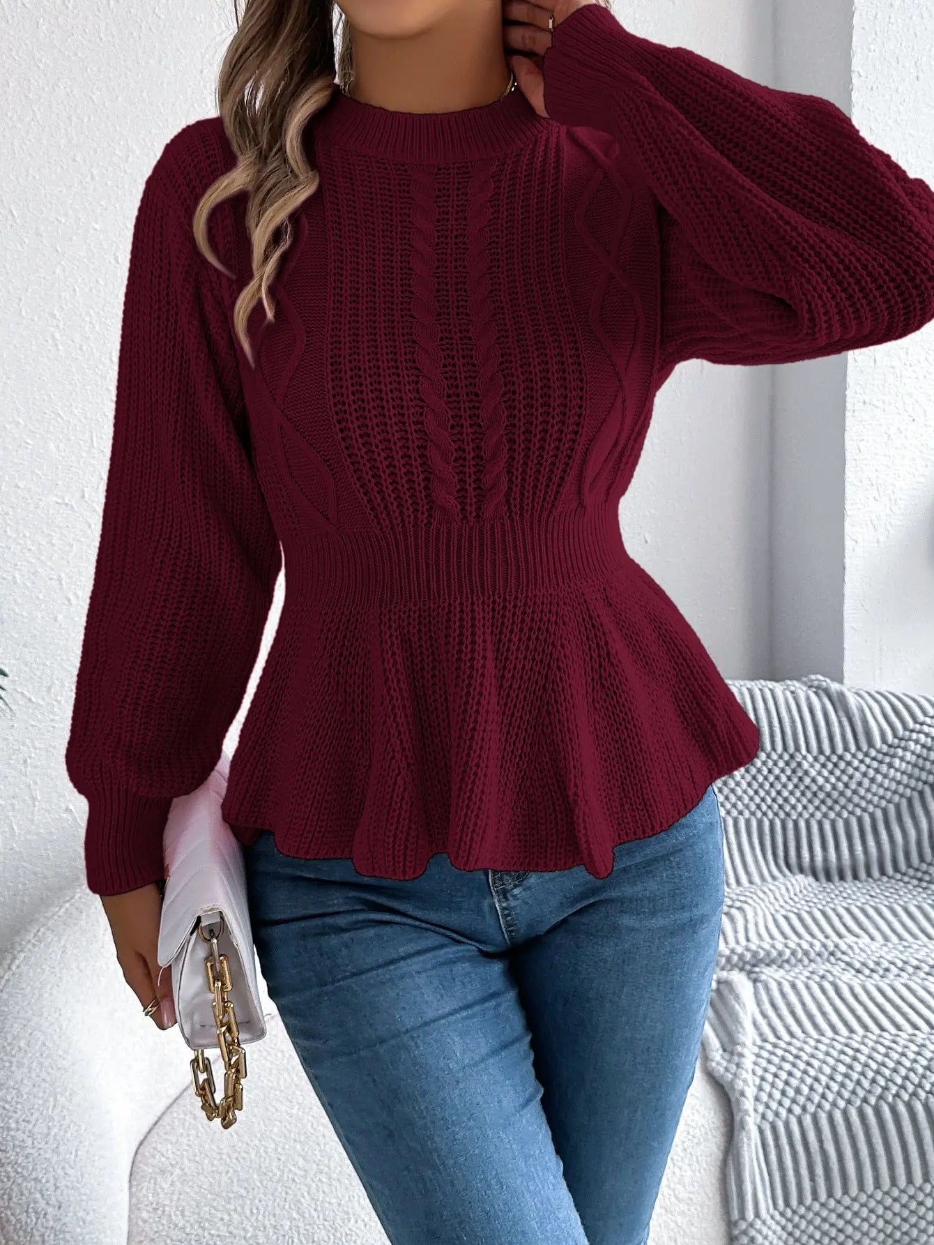 Fried Dough Twists waistband ruffle long sleeve pullover sweater - SMSB 66