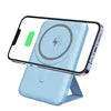 Portable magnetic wireless power bank with fast charging and digital display, compatible with iPhone, in blue color