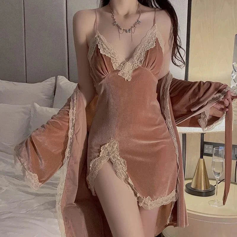 Swdvelour Pajamas Appeal Backless Lace Splice Slip Nightdress Robe Set Y Underwear - SMSB 66