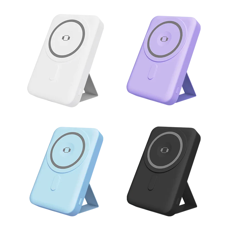 Portable Magnetic Wireless Power Bank in black, white, blue, and purple with fast wireless charging and LED display stand