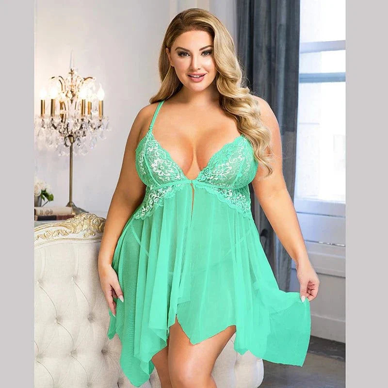Comeondear Plus Size Sleepwear Women's Night Dress Front Closure Chemise De Nuit Femme Sleep Tops Mesh Lace Pijamas Women Sexy - SMSB 66