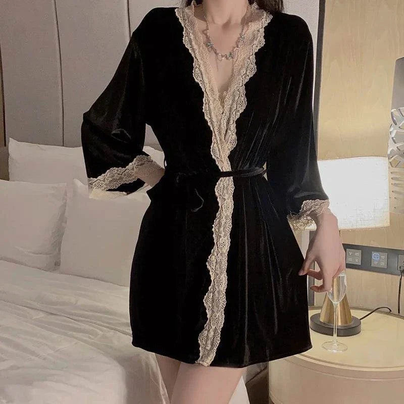 Swdvelour Pajamas Appeal Backless Lace Splice Slip Nightdress Robe Set Y Underwear - SMSB 66