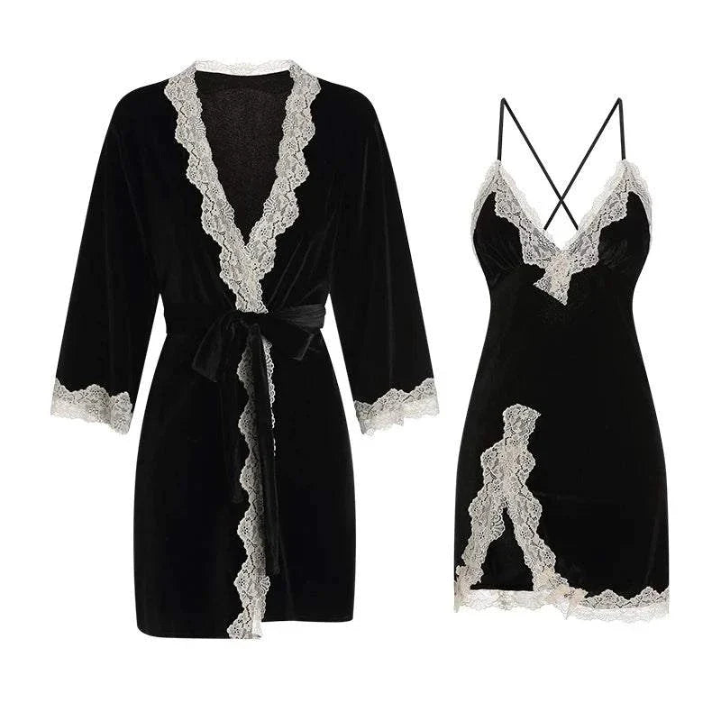 Swdvelour Pajamas Appeal Backless Lace Splice Slip Nightdress Robe Set Y Underwear - SMSB 66