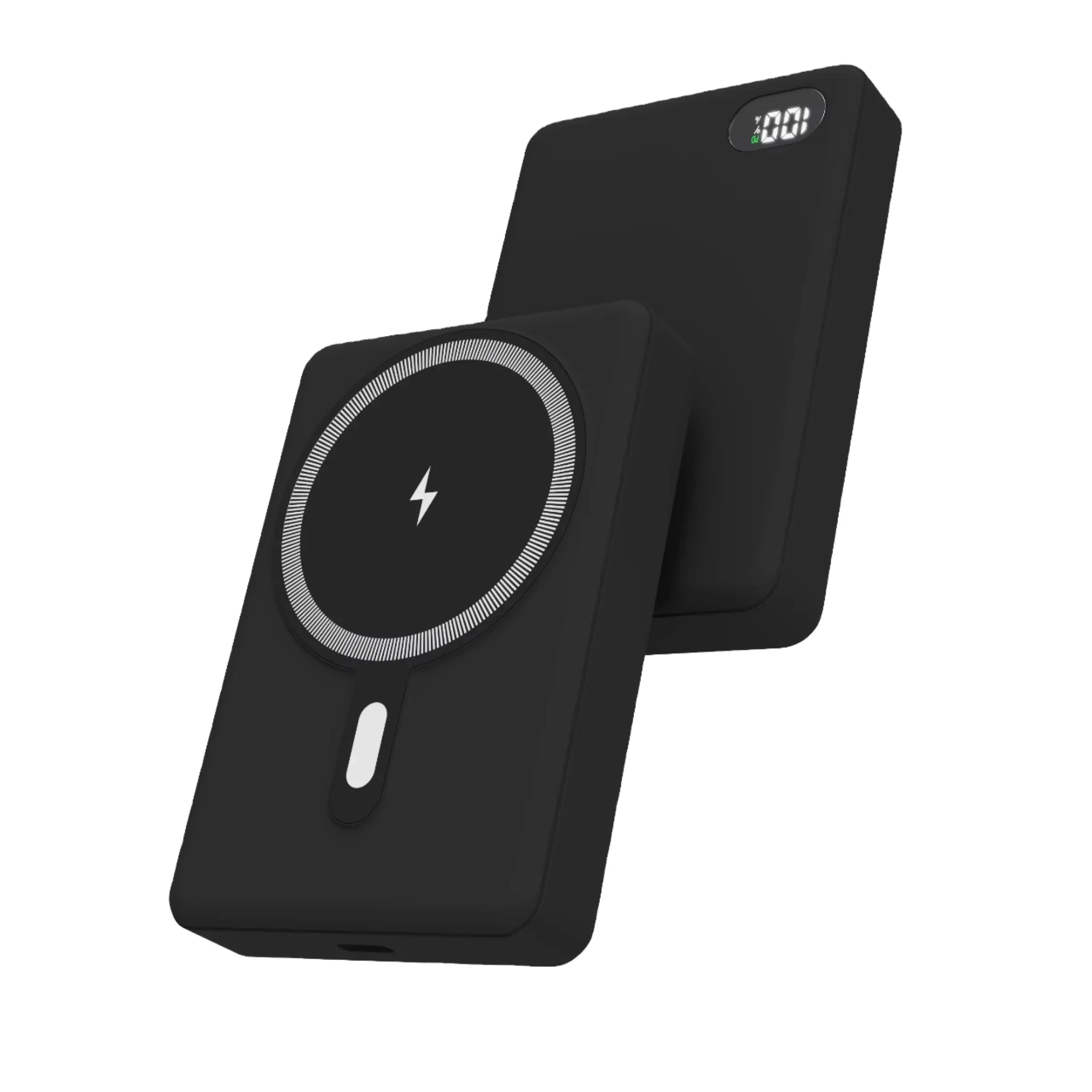 Black 5000mAh magnetic power bank with LED display and wireless fast charging