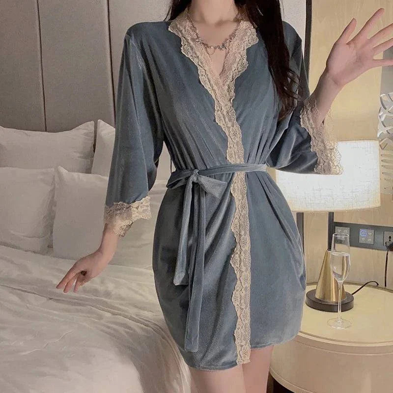 Swdvelour Pajamas Appeal Backless Lace Splice Slip Nightdress Robe Set Y Underwear - SMSB 66