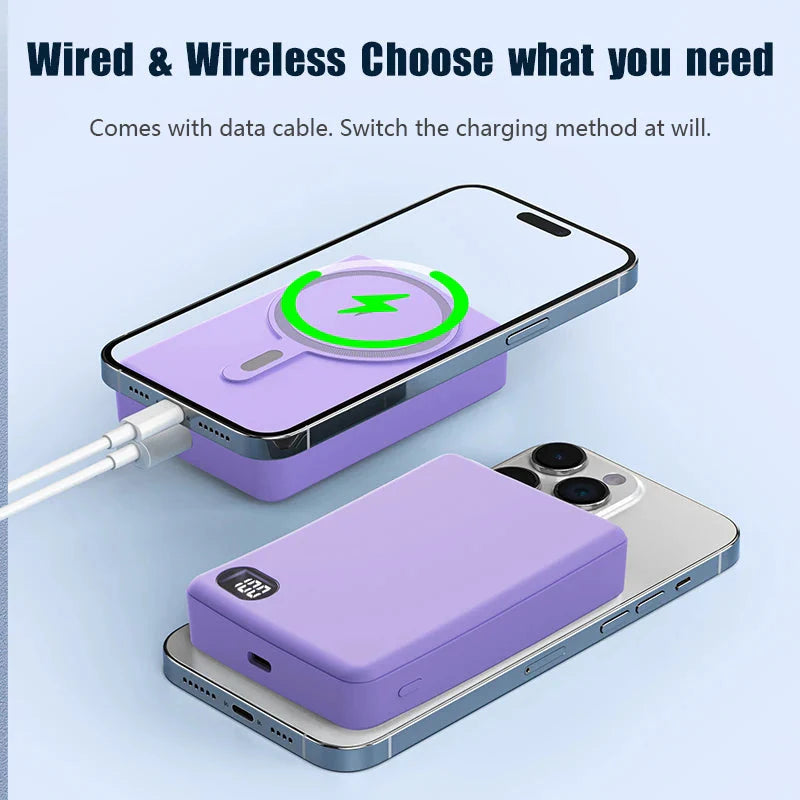 Purple magnetic power bank 5000mAh fast charging wireless and wired charger with LED display