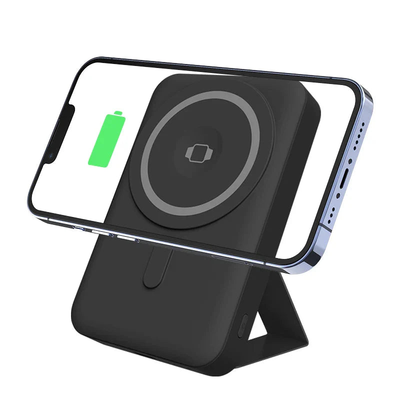 Portable magnetic wireless power bank with fast charging and phone stand in black color