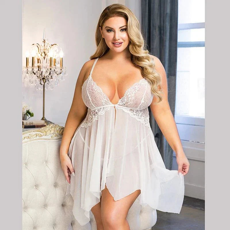 Comeondear Plus Size Sleepwear Women's Night Dress Front Closure Chemise De Nuit Femme Sleep Tops Mesh Lace Pijamas Women Sexy - SMSB 66