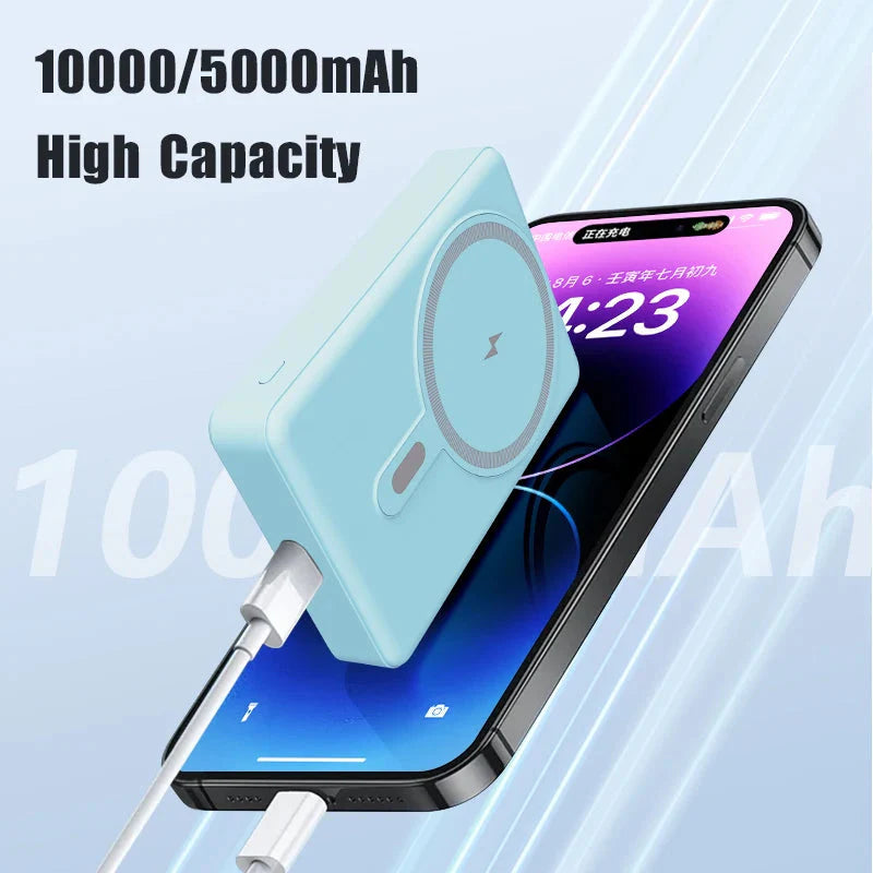 Compact magnetic wireless power bank 5000mAh fast charging with LED display in blue color
