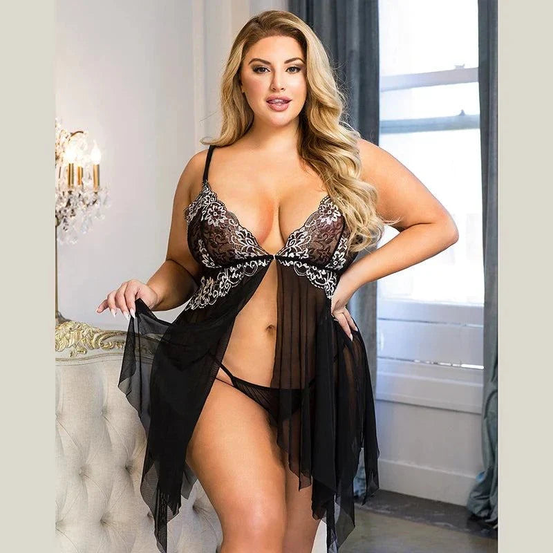 Comeondear Plus Size Sleepwear Women's Night Dress Front Closure Chemise De Nuit Femme Sleep Tops Mesh Lace Pijamas Women Sexy - SMSB 66
