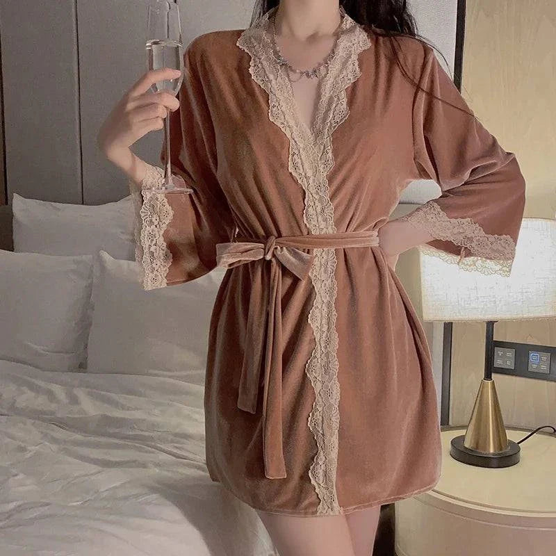 Swdvelour Pajamas Appeal Backless Lace Splice Slip Nightdress Robe Set Y Underwear - SMSB 66