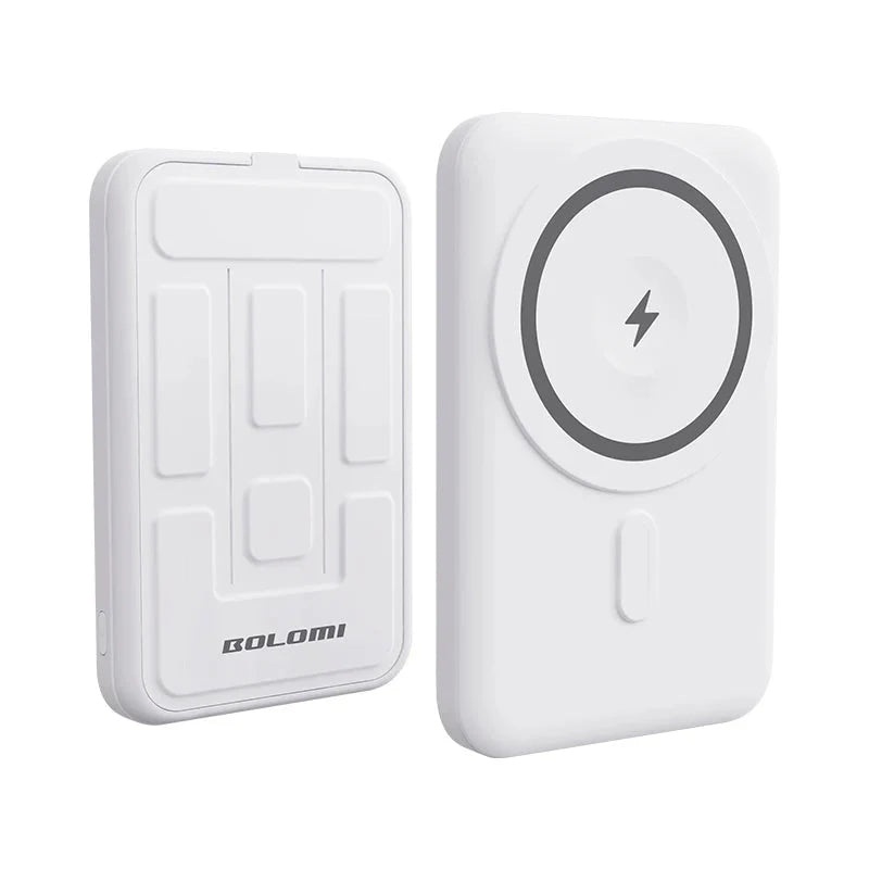 Private Model Ultra-Slim 5000mAh foldable magnetic wireless power bank and iPhone charger in white color