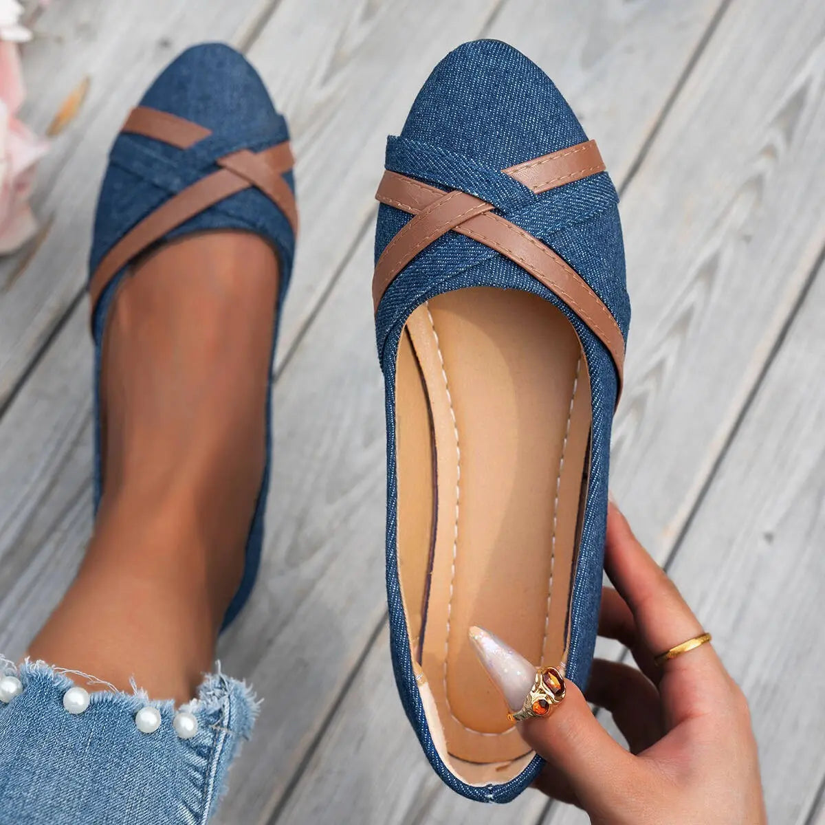 Ins Cross-straped Denim Loafers Fashion Lightweight Comfortable Flats Shoes For Women - SMSB 66