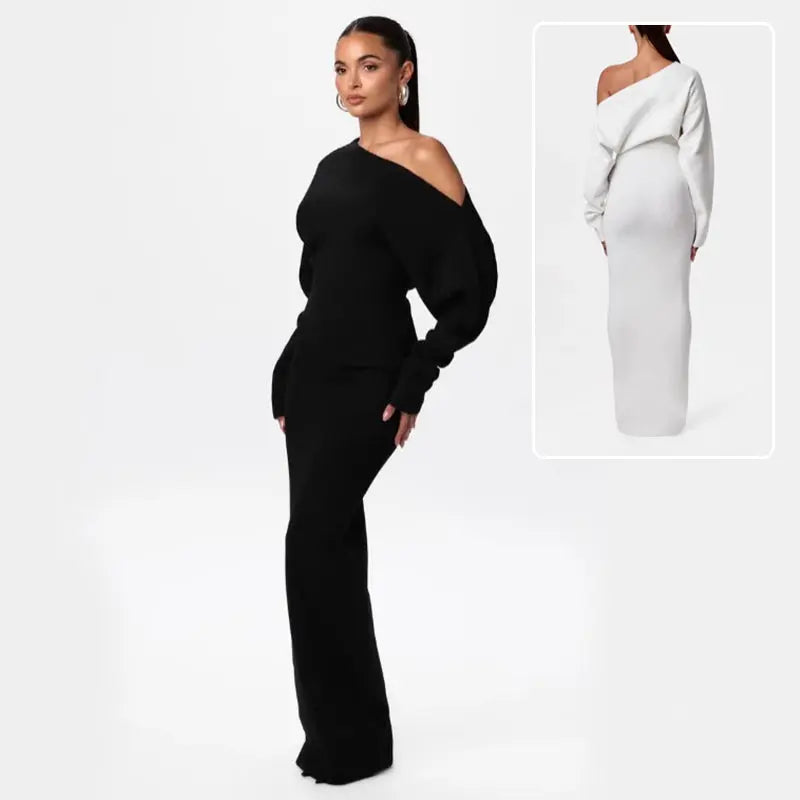 Ins Slim Long Sleeve Knitted Dress Evening Party Sexy Off-shoulder Bodycon Long Dresses SMSB 66