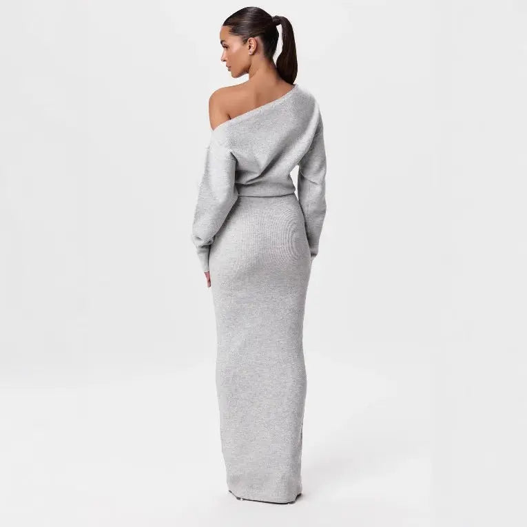 Ins Slim Long Sleeve Knitted Dress Evening Party Sexy Off-shoulder Bodycon Long Dresses SMSB 66