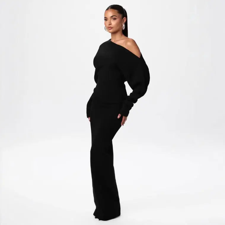 Ins Slim Long Sleeve Knitted Dress Evening Party Sexy Off-shoulder Bodycon Long Dresses SMSB 66