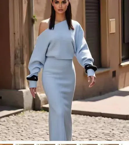 Ins Slim Long Sleeve Knitted Dress Evening Party Sexy Off-shoulder Bodycon Long Dresses SMSB 66