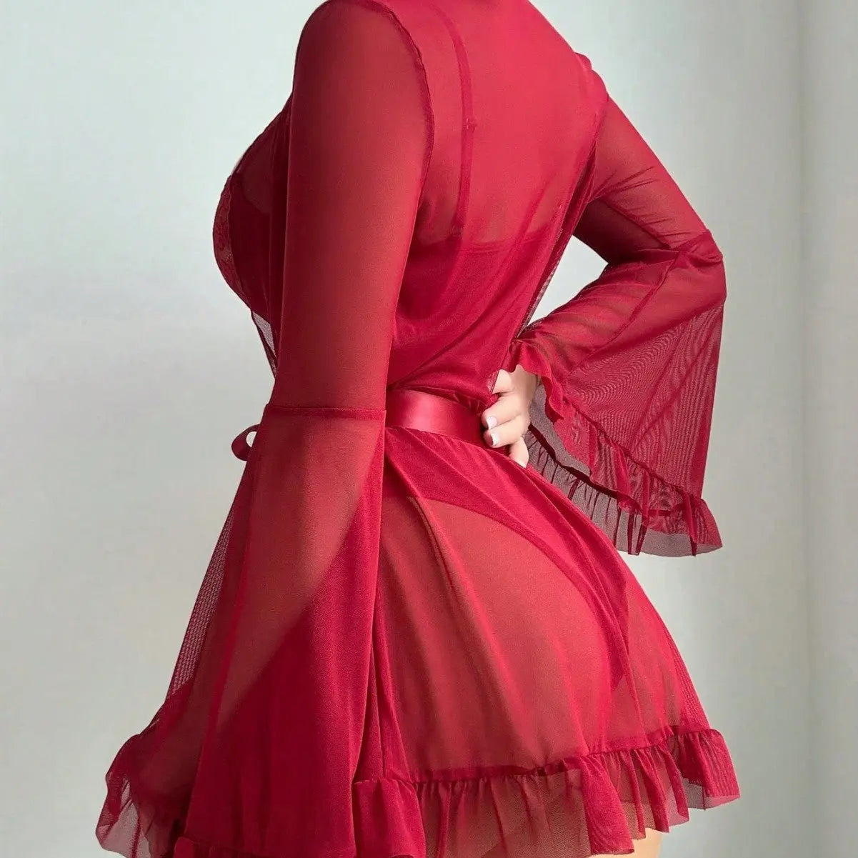 Lace One-Piece Sleepwear Flare Sleeve Sexy Belted Lingerie Set with Stockings for Women - SMSB 66