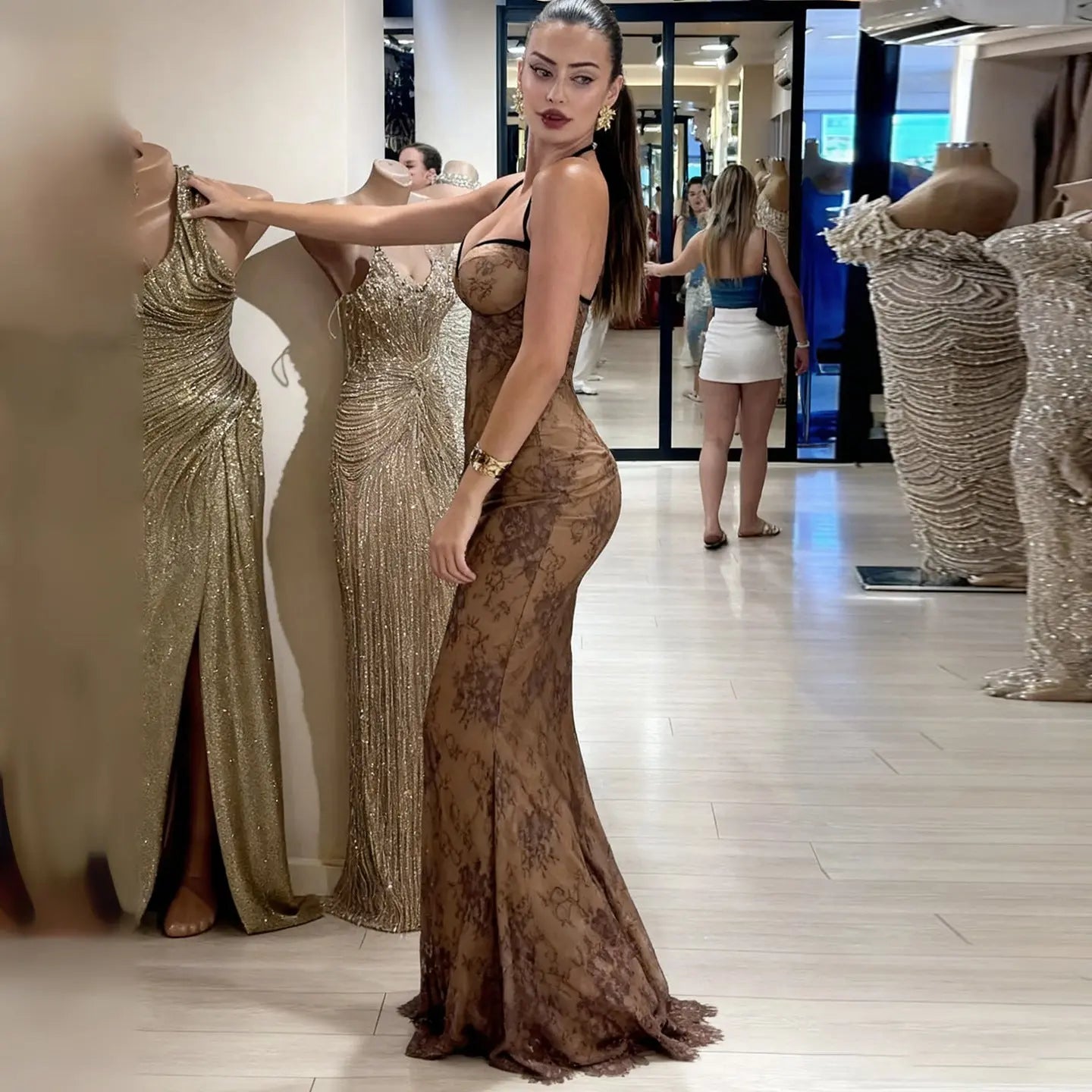 Lace dress crochet spicy girl sexy hanging neck long skirt eprolo