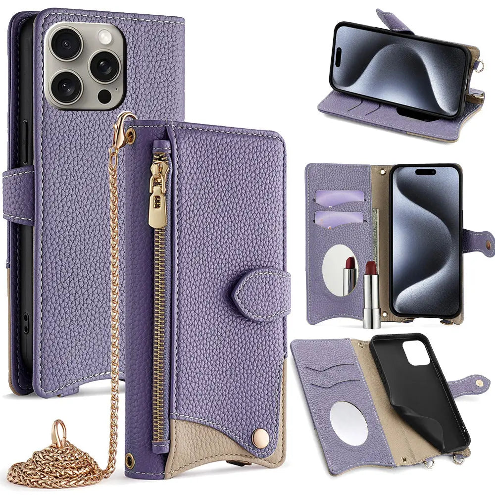 Makeup mirror Apple 17 Promax crossbody phone case suitable for iPhone 15 stand 16 card insertion 13 phone case eprolo