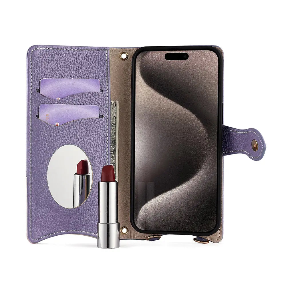 Makeup mirror Apple 17 Promax crossbody phone case suitable for iPhone 15 stand 16 card insertion 13 phone case eprolo
