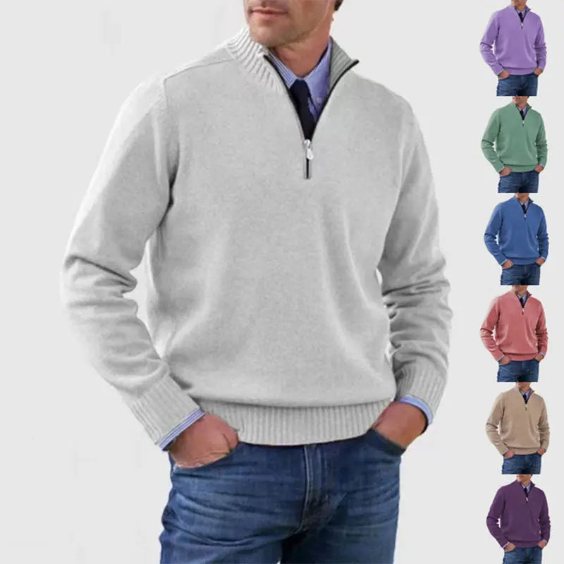 Men's Stand Collar Zipper Sweater Winter Fashion Solid Color Long Sleeve Knitted Top Clothing - SMSB 66