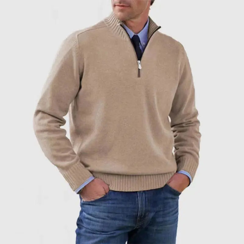 Men's Stand Collar Zipper Sweater Winter Fashion Solid Color Long Sleeve Knitted Top Clothing - SMSB 66