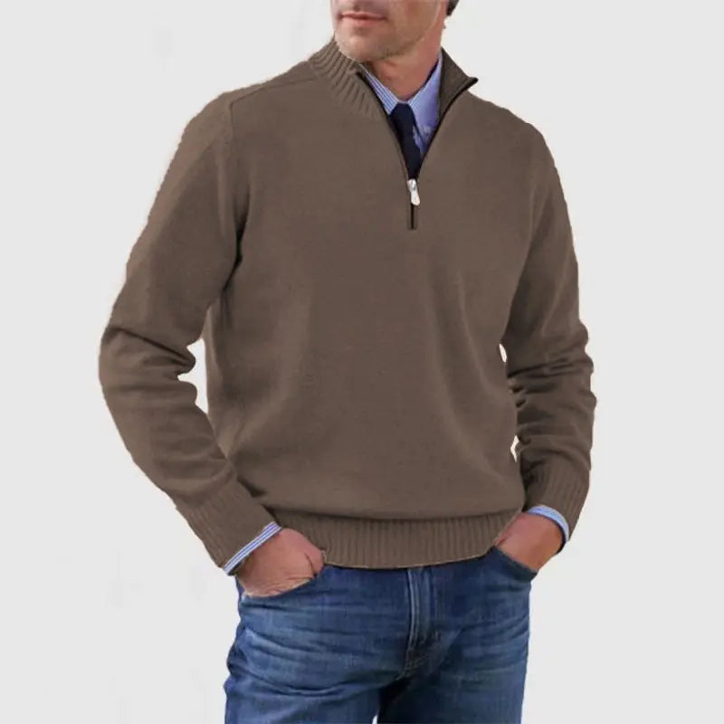 Men's Stand Collar Zipper Sweater Winter Fashion Solid Color Long Sleeve Knitted Top Clothing - SMSB 66