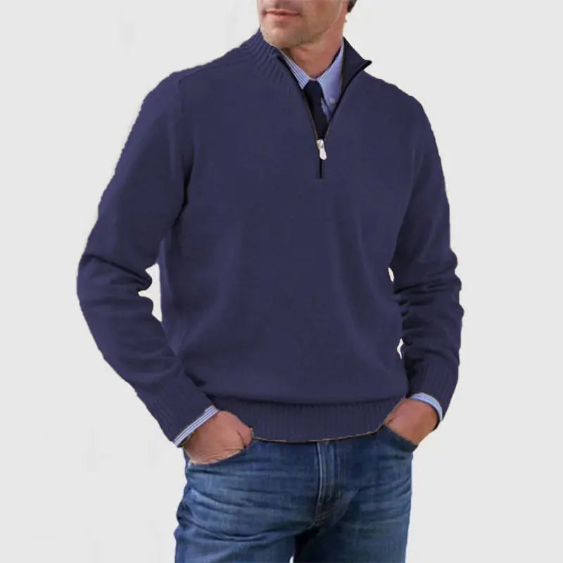 Men's Stand Collar Zipper Sweater Winter Fashion Solid Color Long Sleeve Knitted Top Clothing - SMSB 66