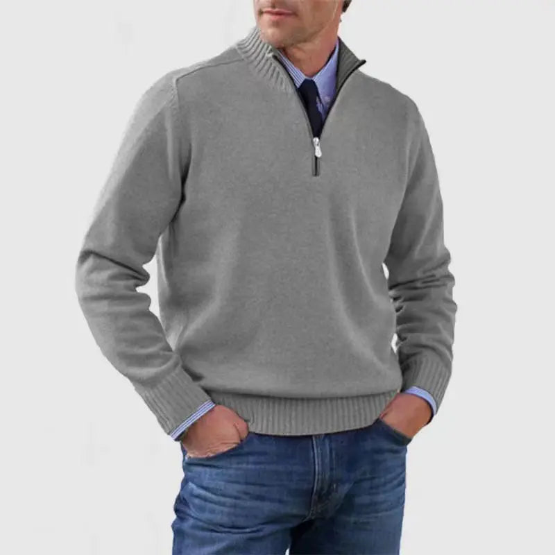 Men's Stand Collar Zipper Sweater Winter Fashion Solid Color Long Sleeve Knitted Top Clothing - SMSB 66