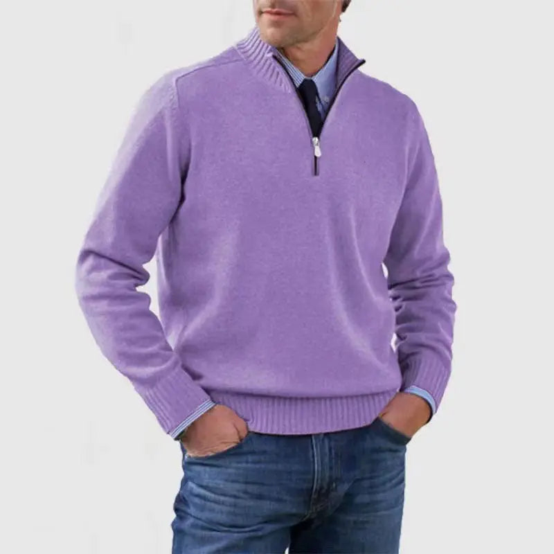 Men's Stand Collar Zipper Sweater Winter Fashion Solid Color Long Sleeve Knitted Top Clothing - SMSB 66