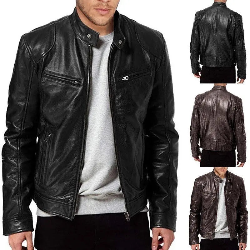 Men's Zip-up Cardigan PU Leather Jacket Fashion Pockets Stand Collar Short Tops Clothing - SMSB 66