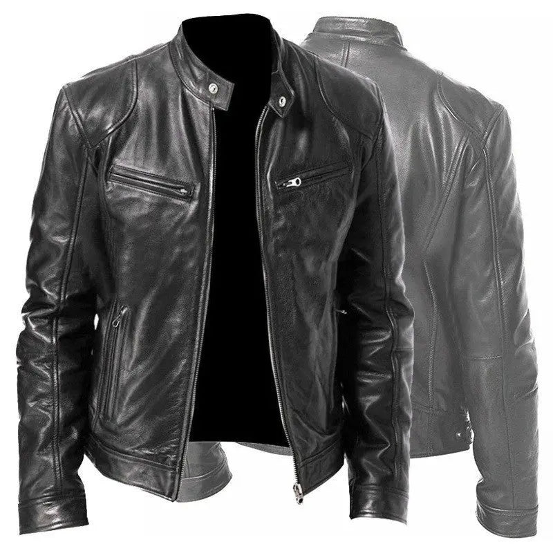 Men's Zip-up Cardigan PU Leather Jacket Fashion Pockets Stand Collar Short Tops Clothing - SMSB 66