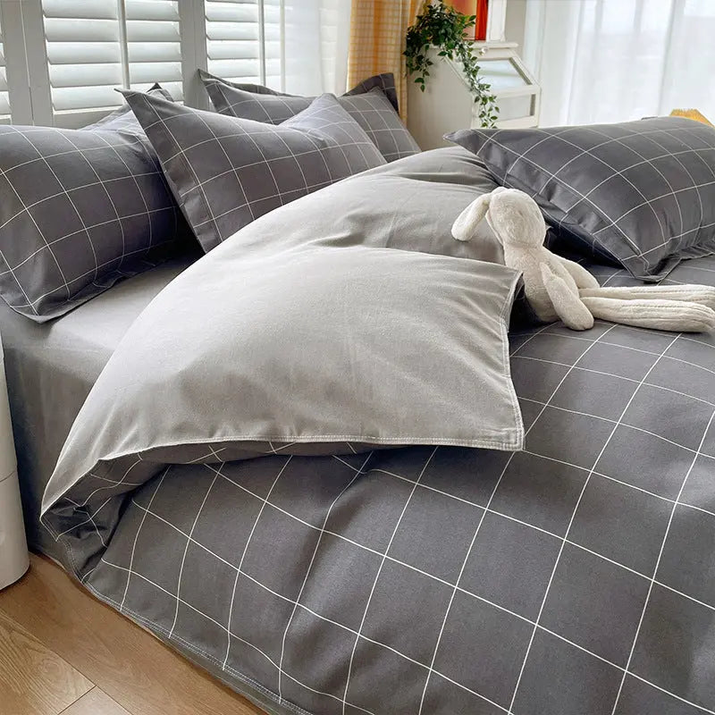 Minimalist Pure Water-Washed Cotton Bedding Set Flannel Grid Good Quality Fitted Sheet Version Student Dormitory Three-Piece Set - SMSB 66