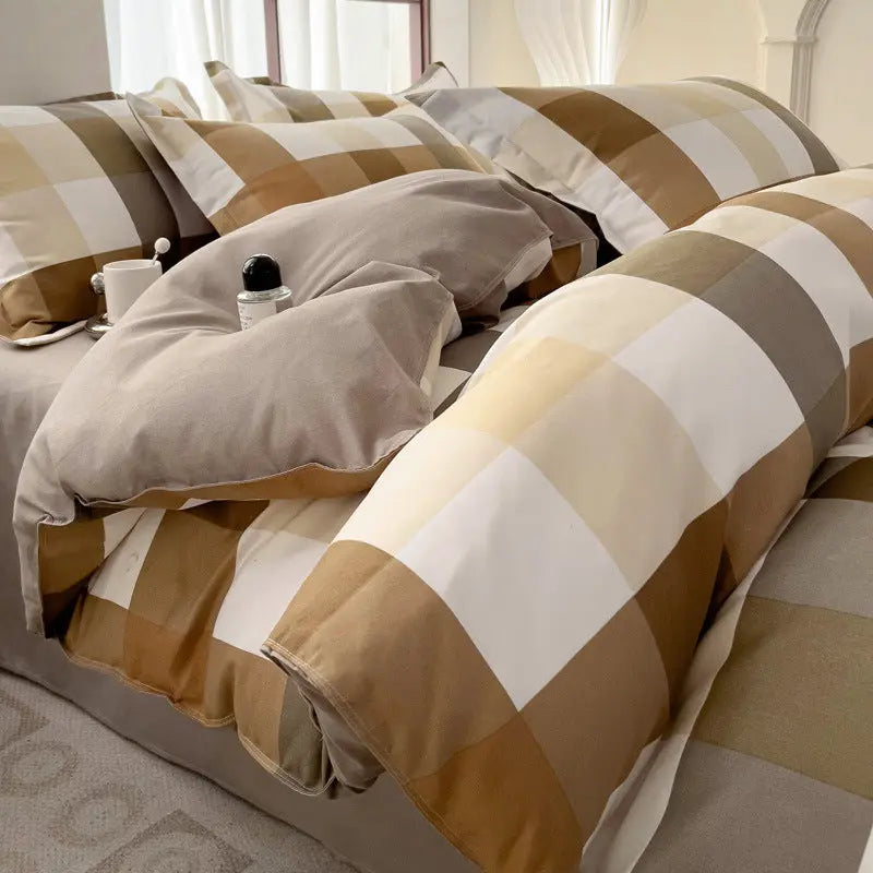 Minimalist Pure Water-Washed Cotton Bedding Set Flannel Grid Good Quality Fitted Sheet Version Student Dormitory Three-Piece Set - SMSB 66