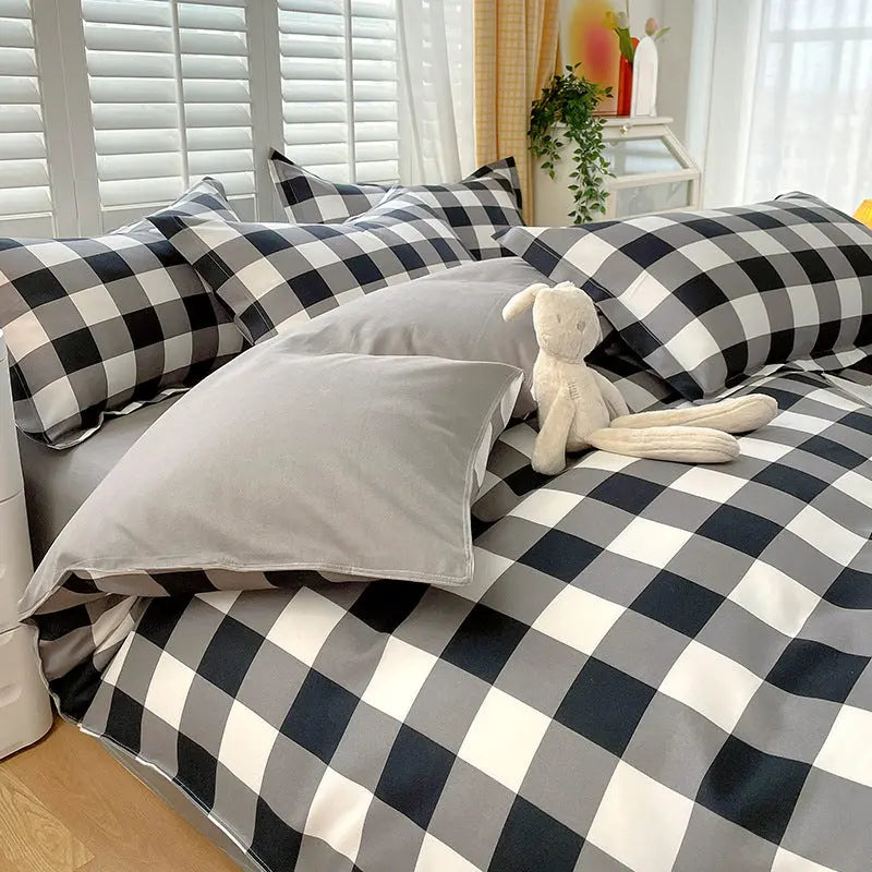 Minimalist Pure Water-Washed Cotton Bedding Set Flannel Grid Good Quality Fitted Sheet Version Student Dormitory Three-Piece Set - SMSB 66