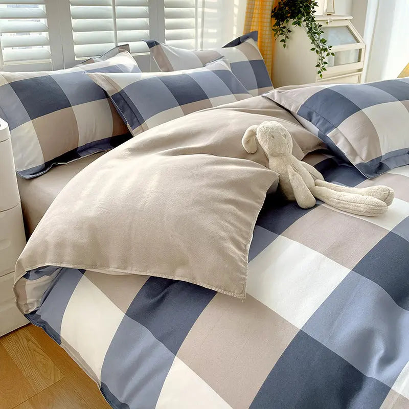 Minimalist Pure Water-Washed Cotton Bedding Set Flannel Grid Good Quality Fitted Sheet Version Student Dormitory Three-Piece Set - SMSB 66