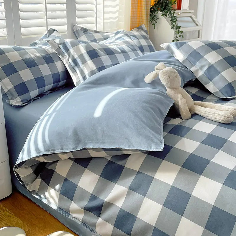 Minimalist Pure Water-Washed Cotton Bedding Set Flannel Grid Good Quality Fitted Sheet Version Student Dormitory Three-Piece Set - SMSB 66
