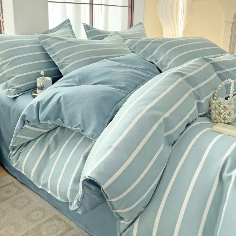 Minimalist Pure Water-Washed Cotton Bedding Set Flannel Grid Good Quality Fitted Sheet Version Student Dormitory Three-Piece Set - SMSB 66