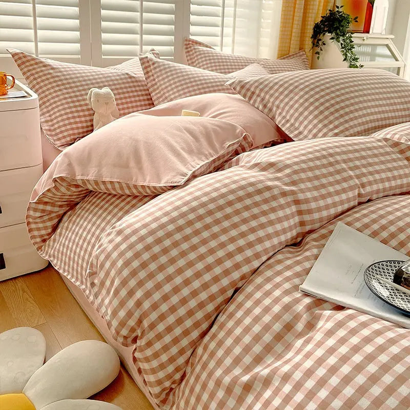 Minimalist Pure Water-Washed Cotton Bedding Set Flannel Grid Good Quality Fitted Sheet Version Student Dormitory Three-Piece Set - SMSB 66