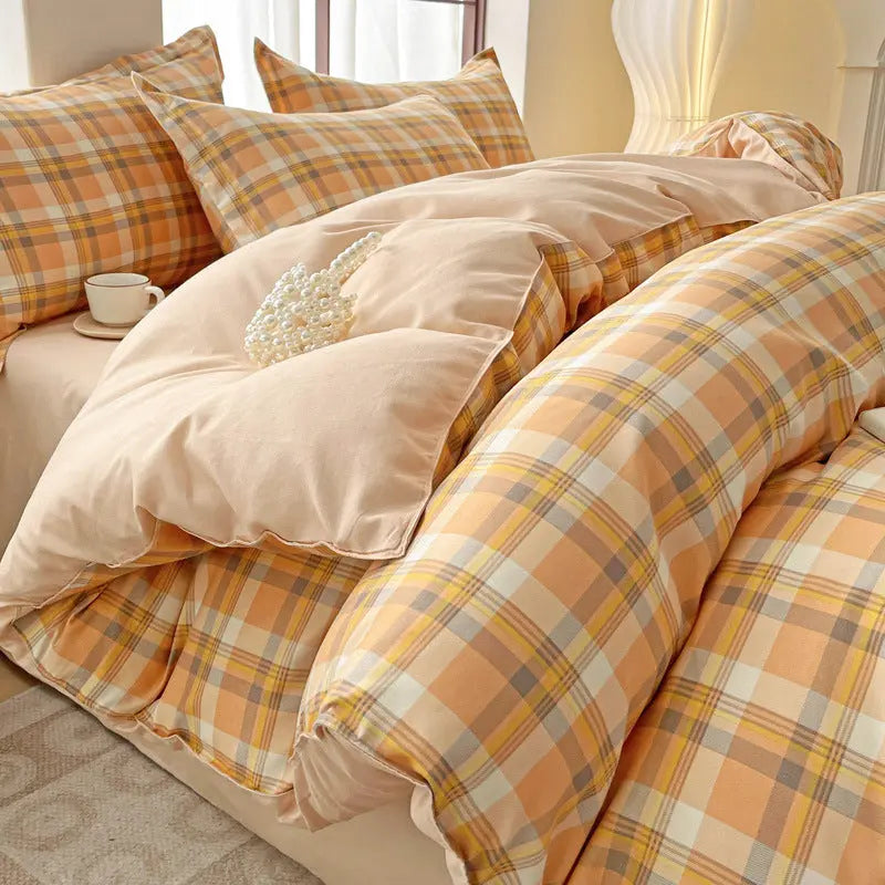 Minimalist Pure Water-Washed Cotton Bedding Set Flannel Grid Good Quality Fitted Sheet Version Student Dormitory Three-Piece Set - SMSB 66