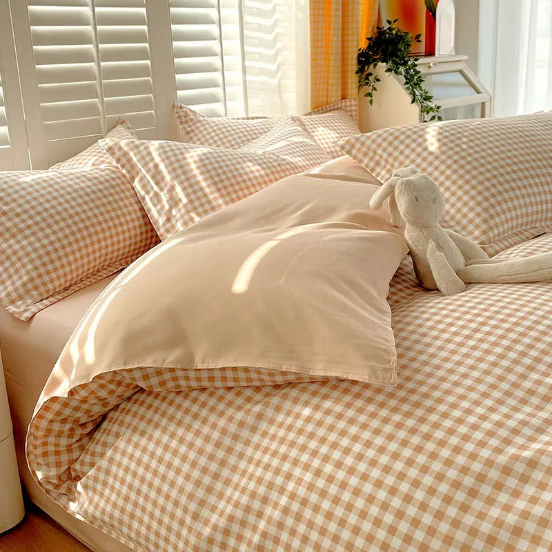 Minimalist Pure Water-Washed Cotton Bedding Set Flannel Grid Good Quality Fitted Sheet Version Student Dormitory Three-Piece Set - SMSB 66