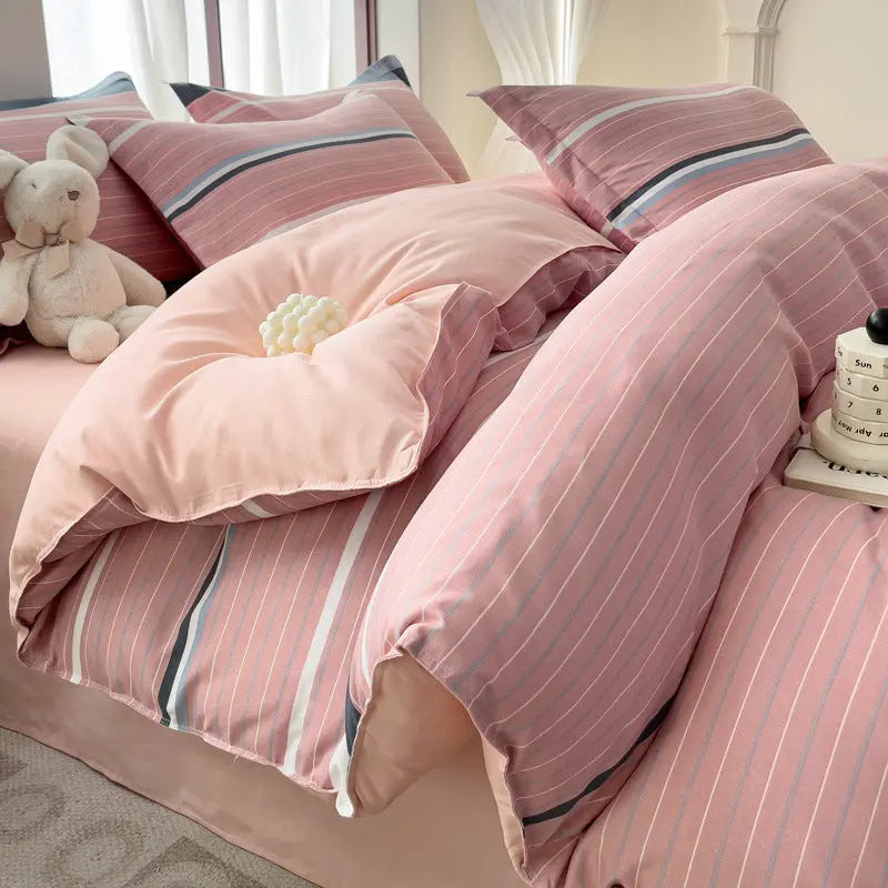 Minimalist Pure Water-Washed Cotton Bedding Set Flannel Grid Good Quality Fitted Sheet Version Student Dormitory Three-Piece Set - SMSB 66