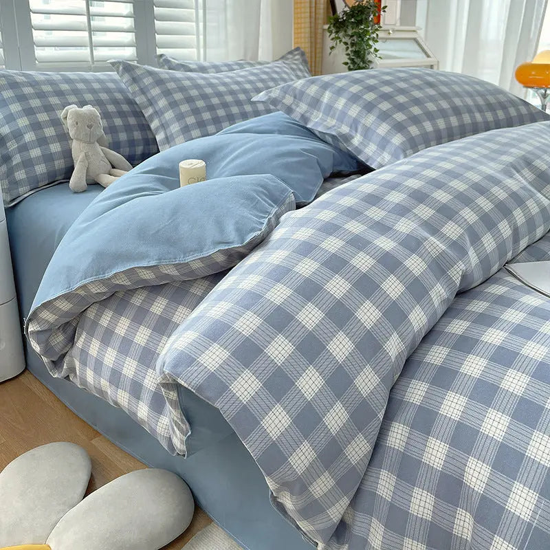 Minimalist Pure Water-Washed Cotton Bedding Set Flannel Grid Good Quality Fitted Sheet Version Student Dormitory Three-Piece Set - SMSB 66