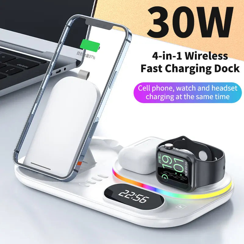 New Three-In-One Wireless Charger With Clock Fast Charging Rgb Atmosphere Light Multi-Function Wireless Charger For Mobile Phone - SMSB 66