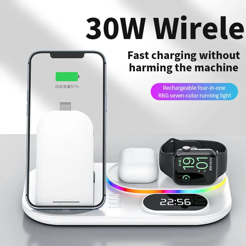 New Three-In-One Wireless Charger With Clock Fast Charging Rgb Atmosphere Light Multi-Function Wireless Charger For Mobile Phone - SMSB 66