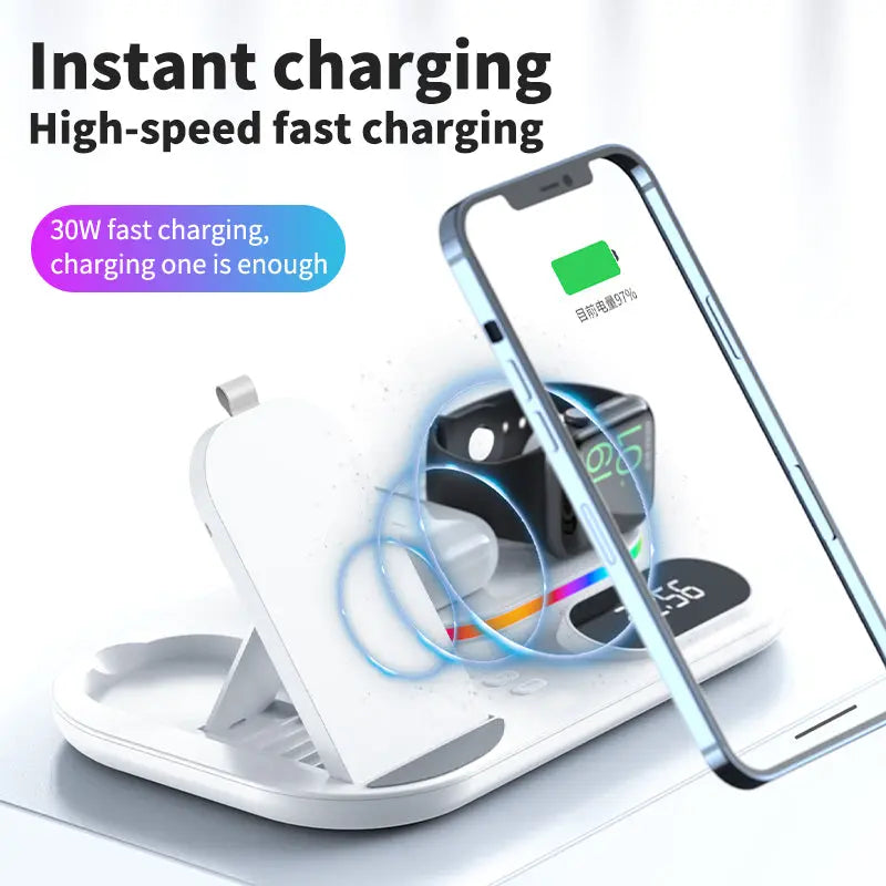 New Three-In-One Wireless Charger With Clock Fast Charging Rgb Atmosphere Light Multi-Function Wireless Charger For Mobile Phone - SMSB 66