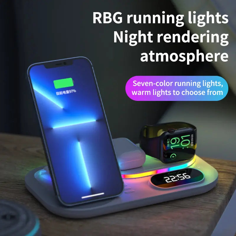 New Three-In-One Wireless Charger With Clock Fast Charging Rgb Atmosphere Light Multi-Function Wireless Charger For Mobile Phone - SMSB 66